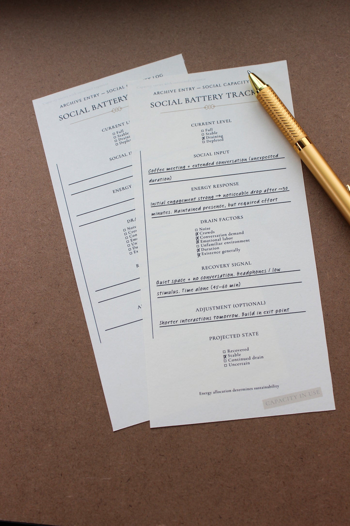 Social Battery Tracker archive-inspired notepad by Crystal Manuscript
