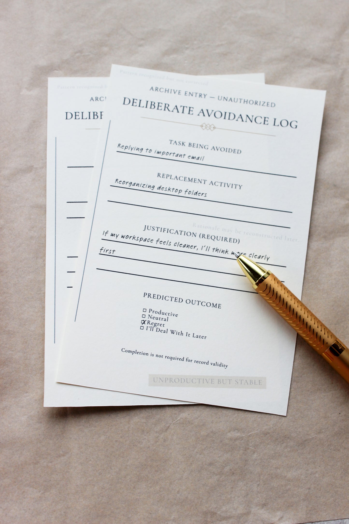 Deliberate Avoidance Log archive-inspired notepad by Crystal Manuscript