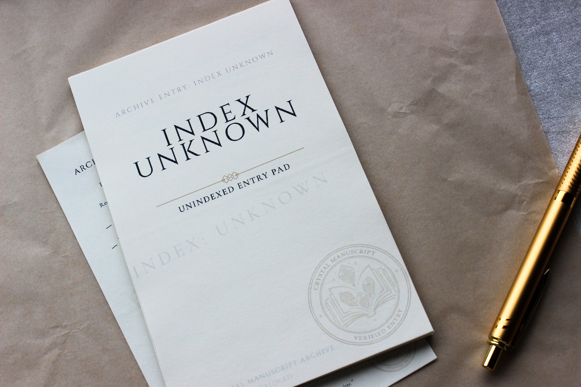 Index Unknown archive-inspired notepad by Crystal Manuscript