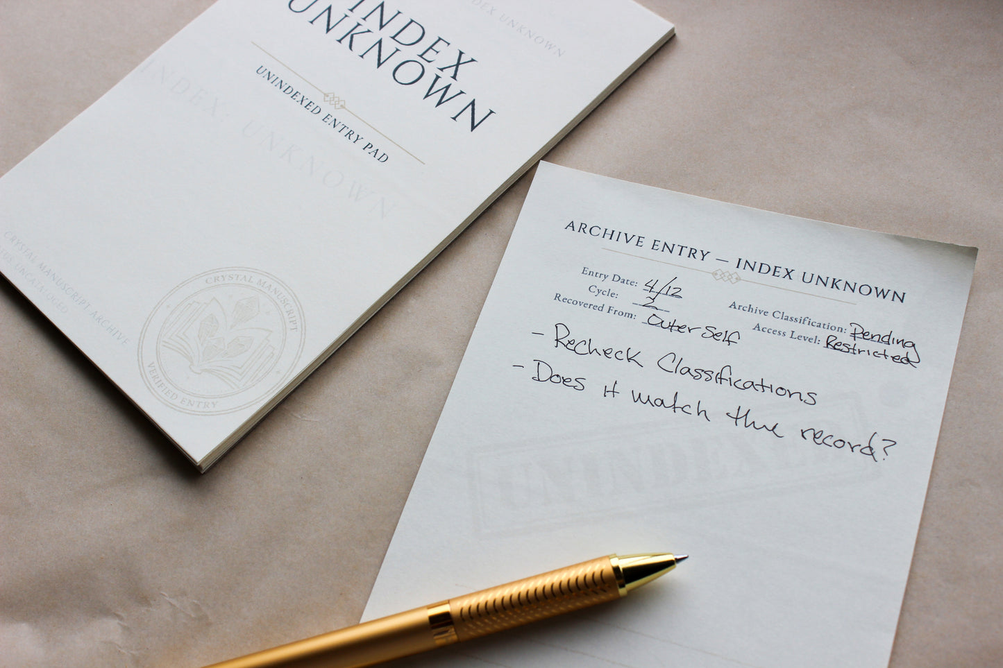 Index Unknown archive-inspired notepad by Crystal Manuscript