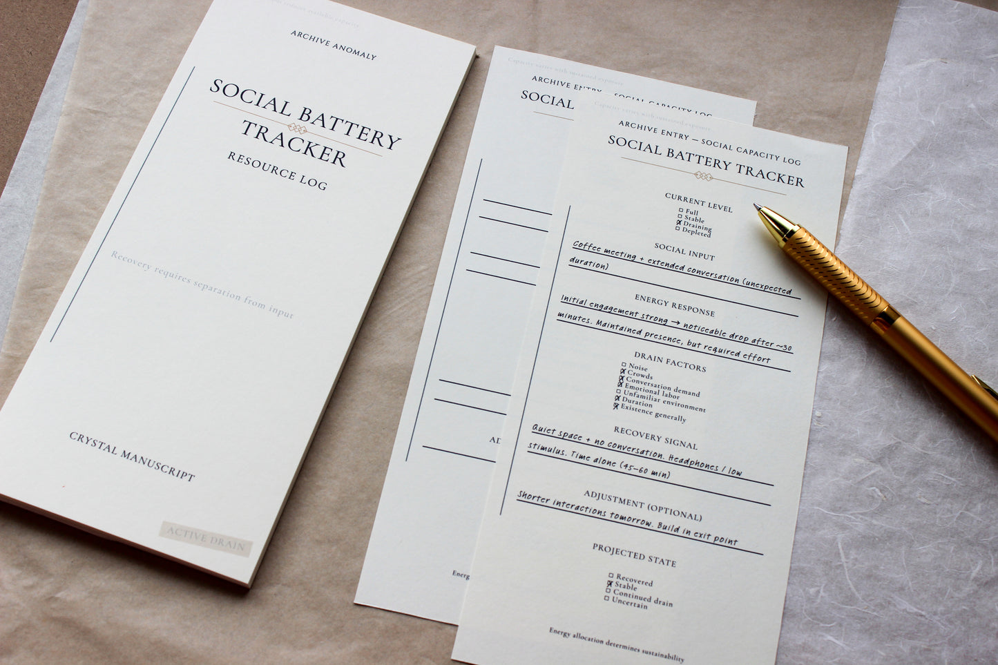 Social Battery Tracker archive-inspired notepad by Crystal Manuscript