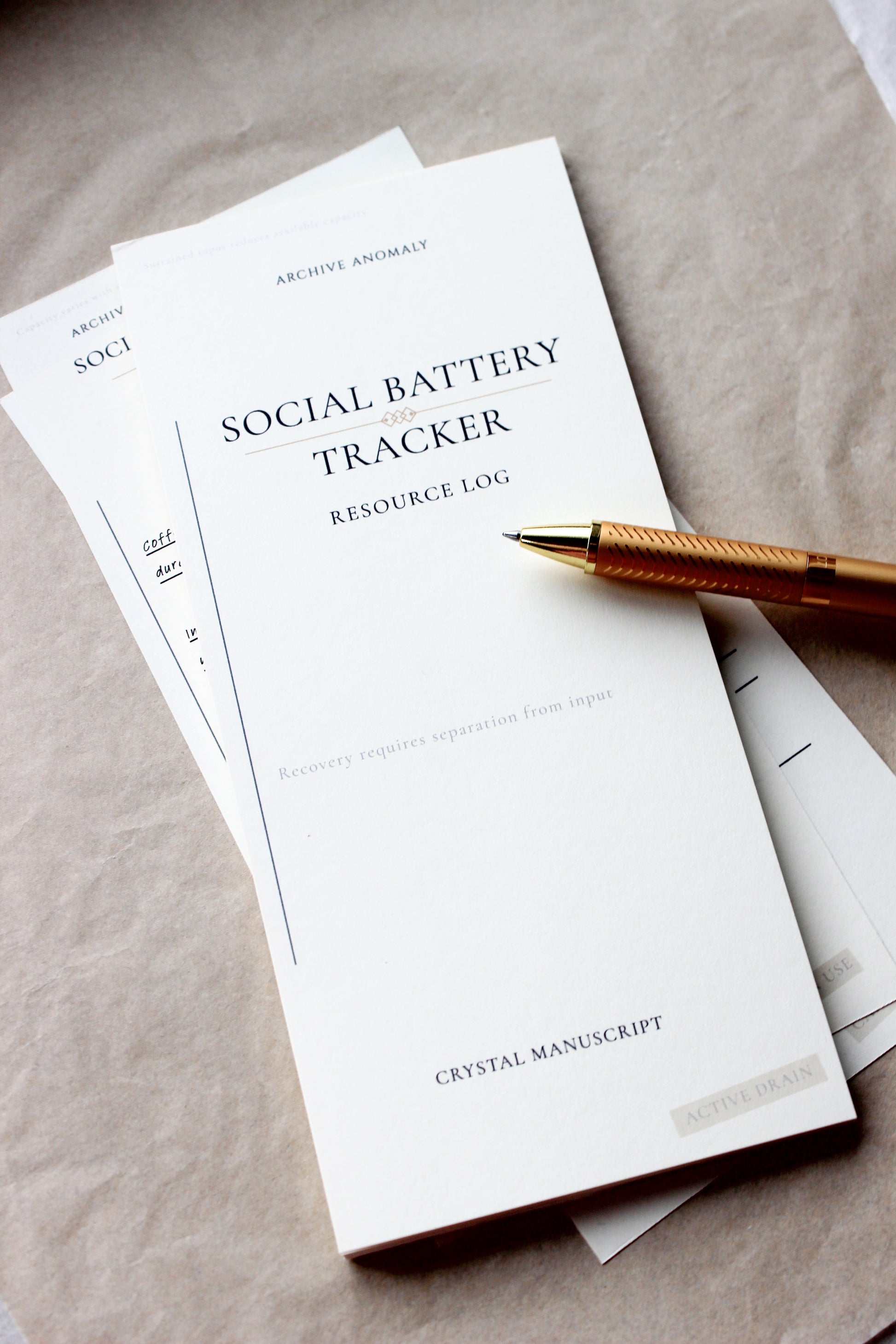 Social Battery Tracker archive-inspired notepad by Crystal Manuscript