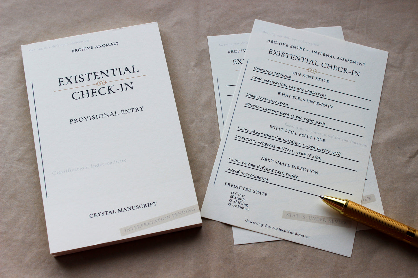 Existential Check-In archive-inspired notepad by Crystal Manuscript
