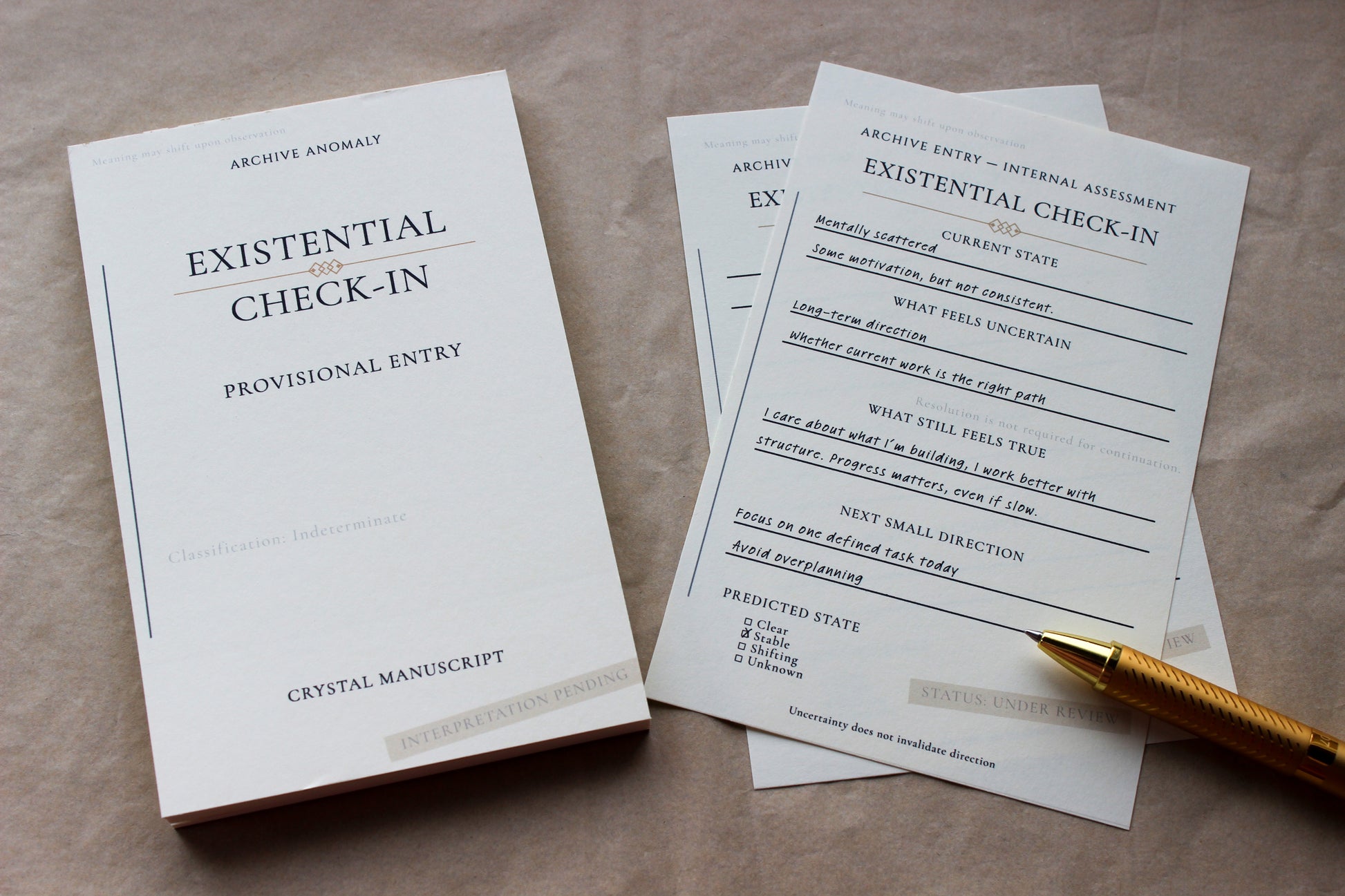 Existential Check-In archive-inspired notepad by Crystal Manuscript