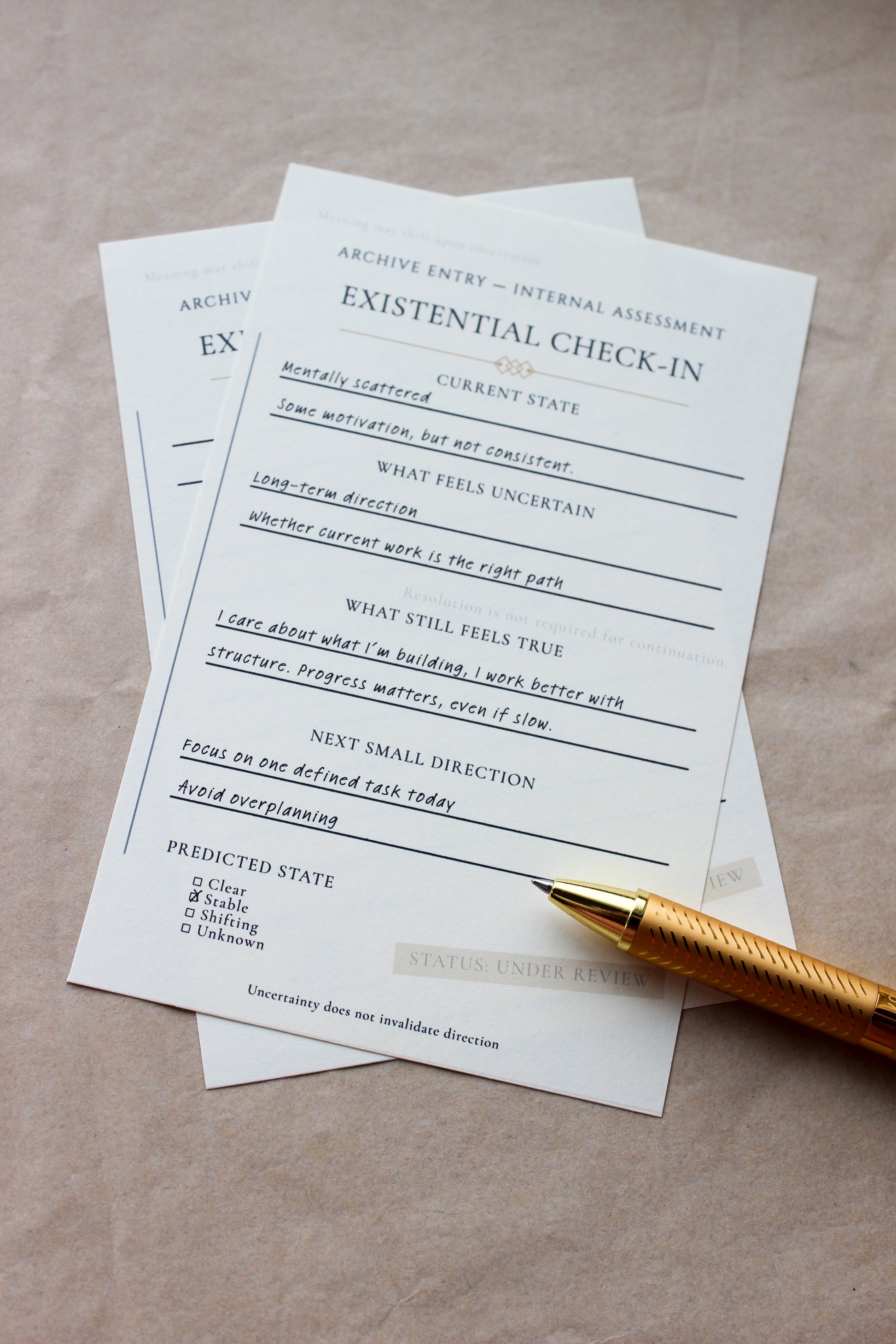 Existential Check-In archive-inspired notepad by Crystal Manuscript