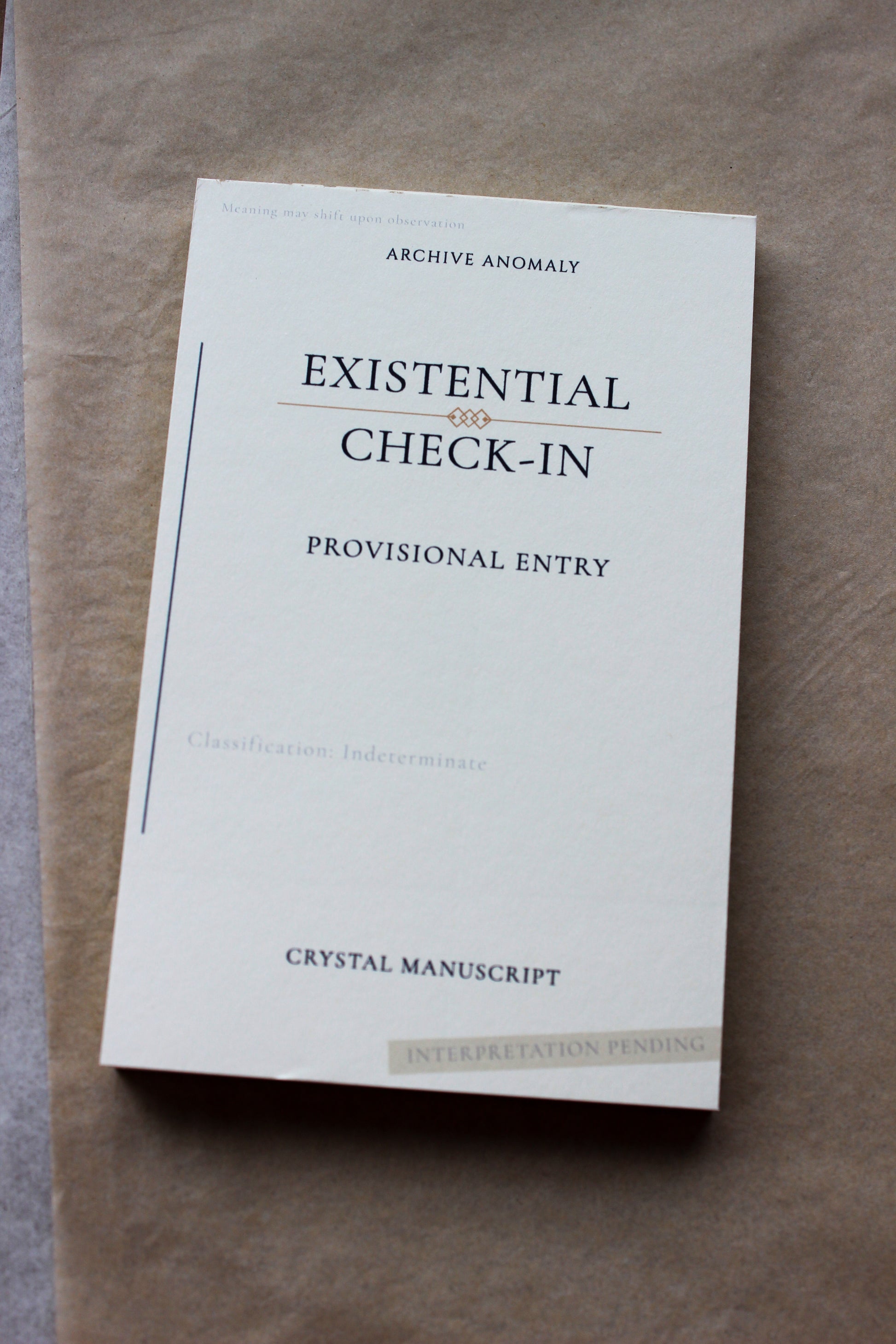 Existential Check-In archive-inspired notepad by Crystal Manuscript