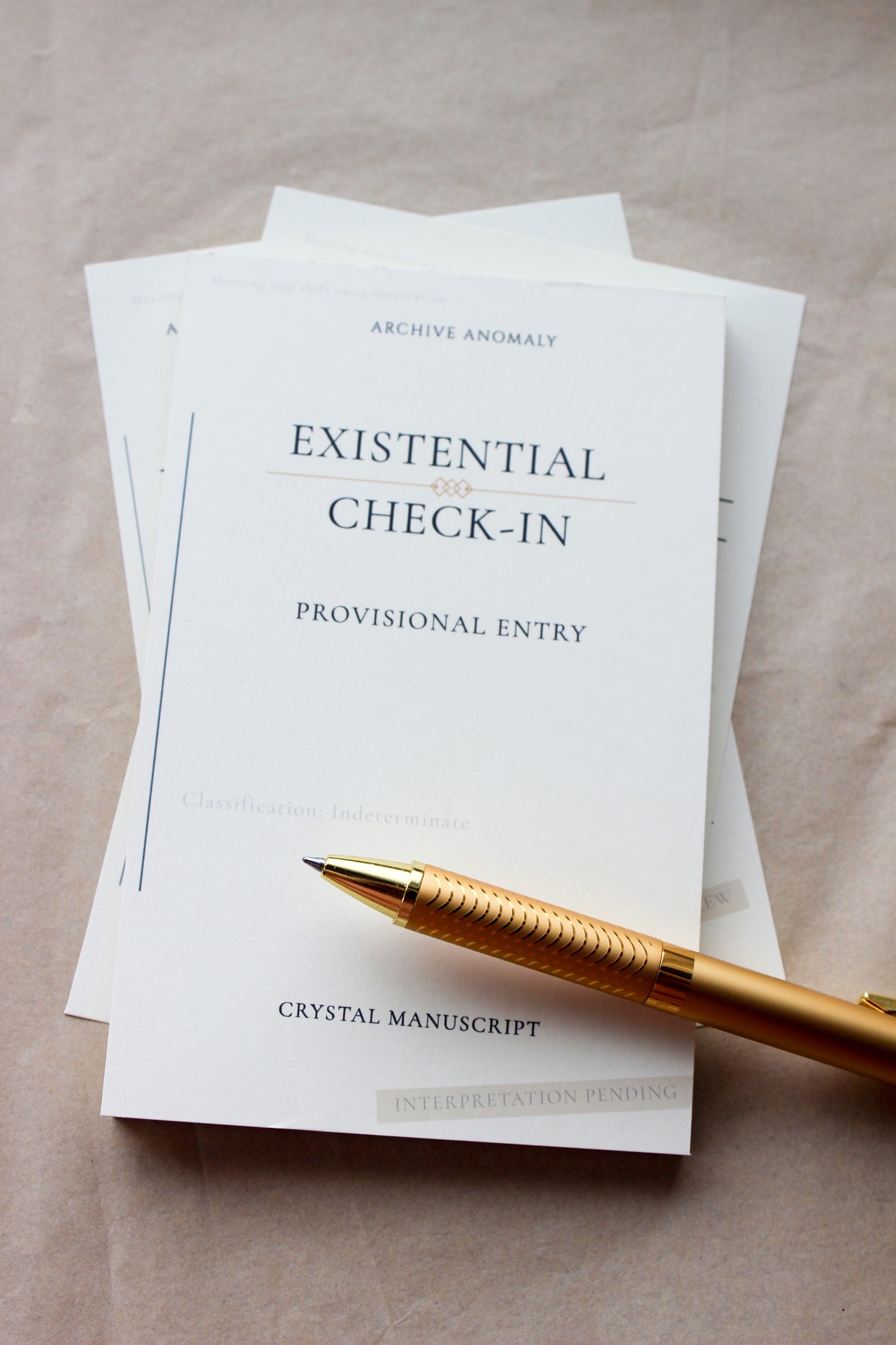 Existential Check-In archive-inspired notepad by Crystal Manuscript