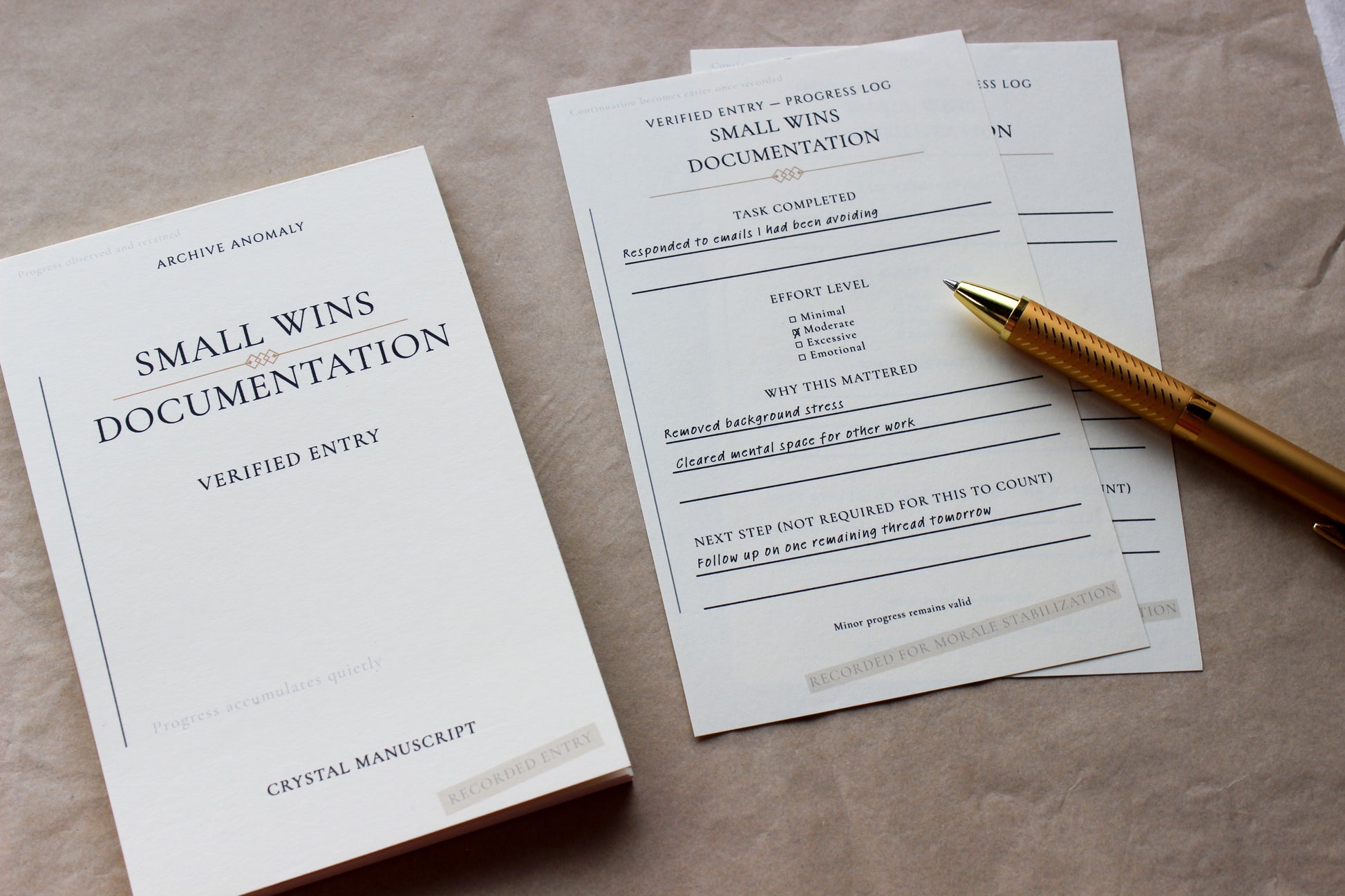 Small Wins Documentation archive-inspired notepad by Crystal Manuscript
