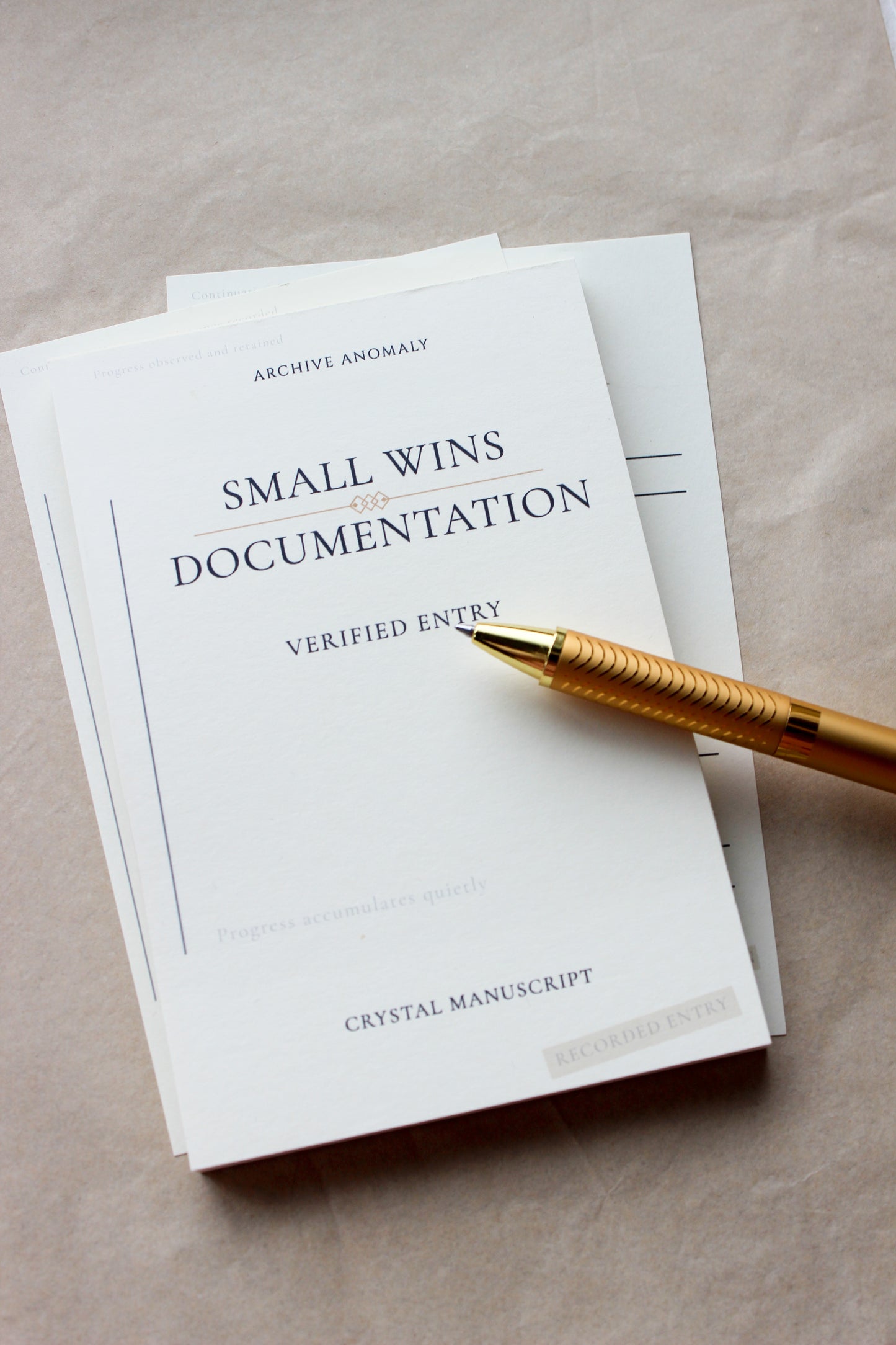 Small Wins Documentation archive-inspired notepad by Crystal Manuscript