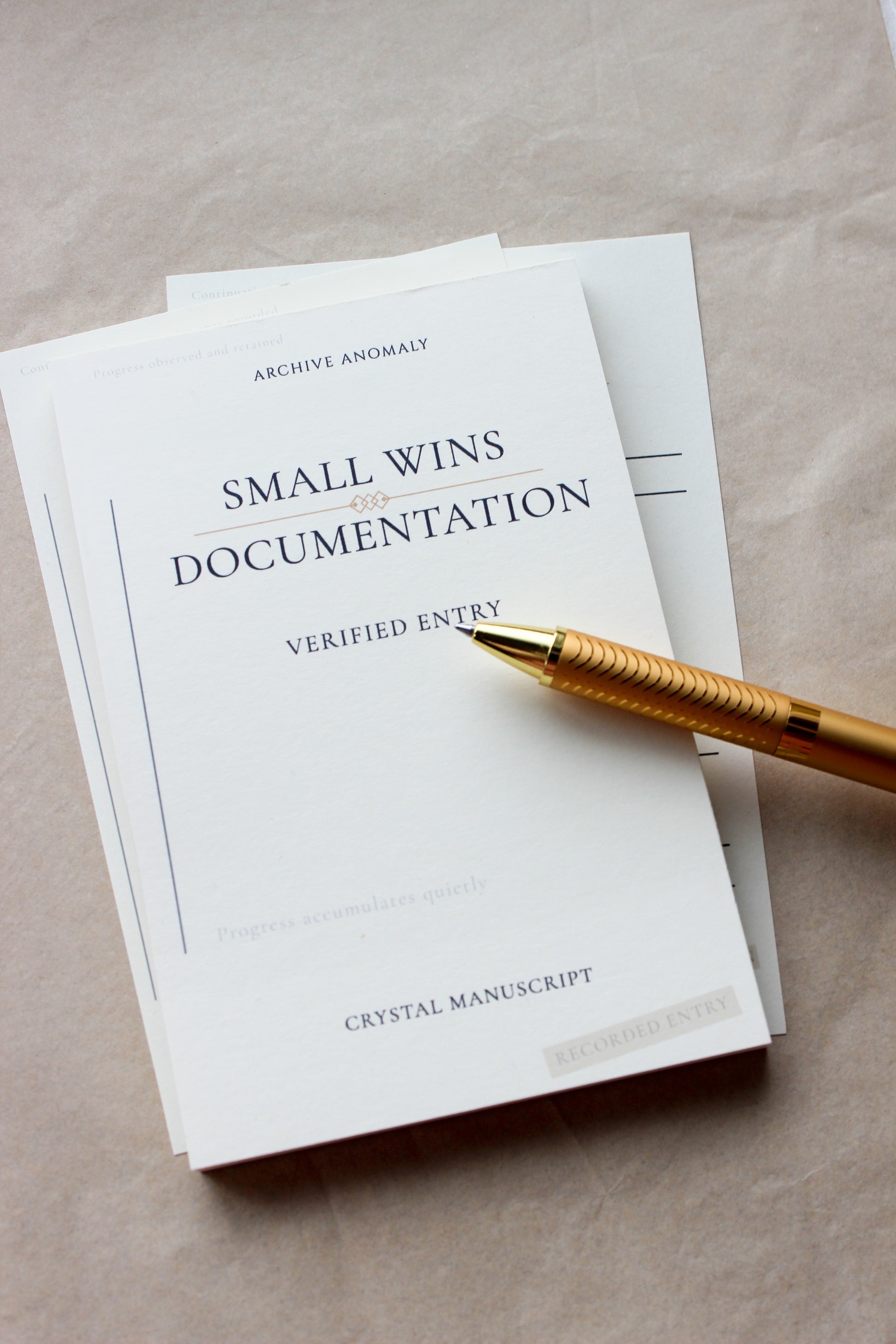 Small Wins Documentation archive-inspired notepad by Crystal Manuscript