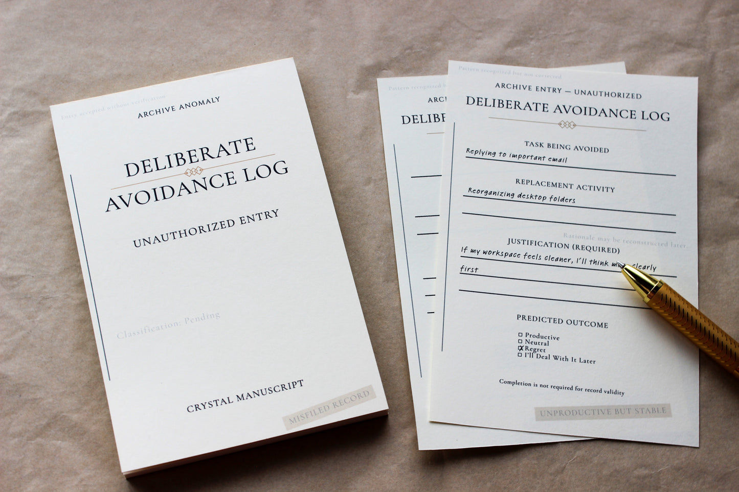 Deliberate Avoidance Log archive-inspired notepad by Crystal Manuscript