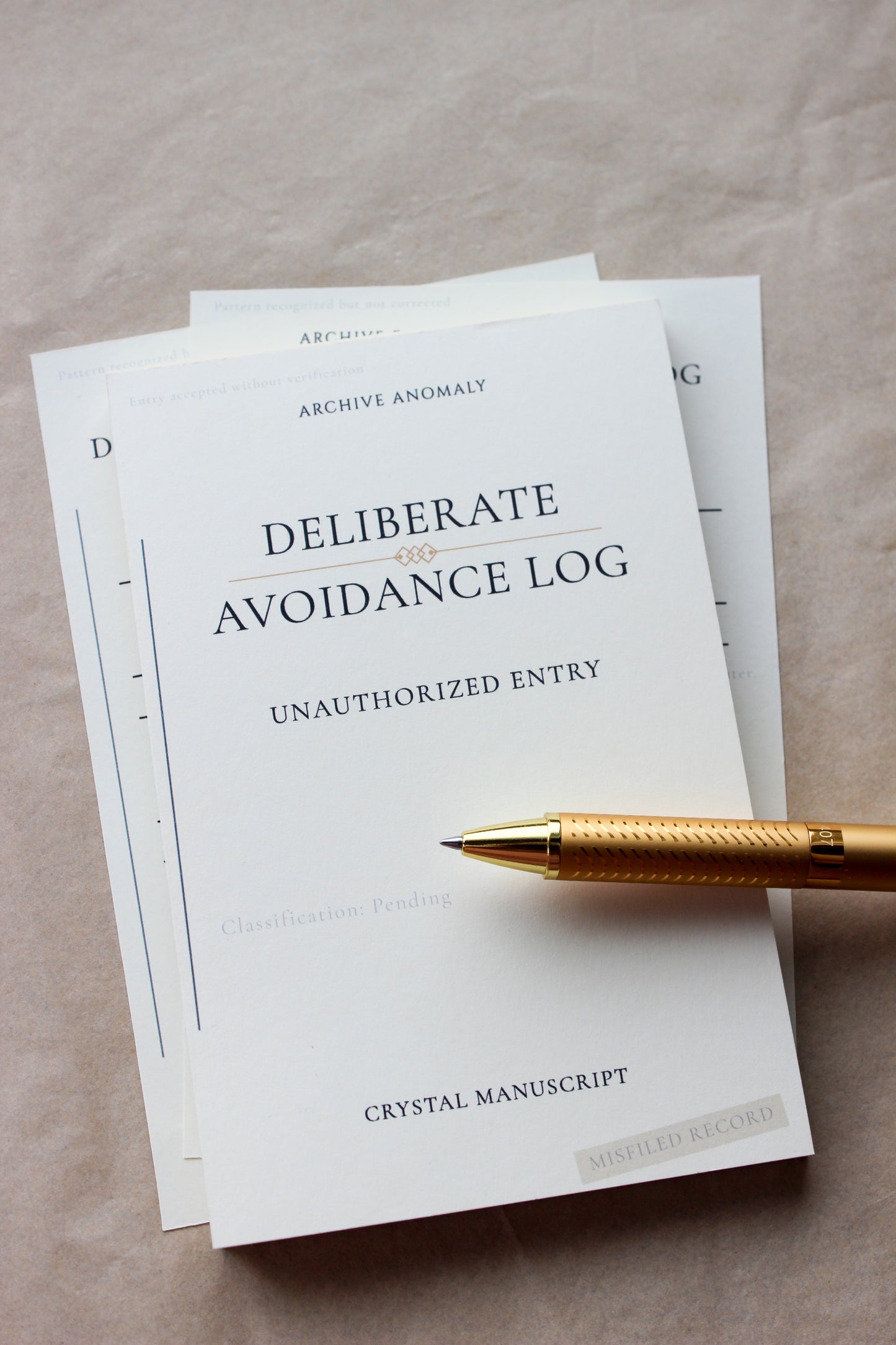 Deliberate Avoidance Log archive-inspired notepad by Crystal Manuscript