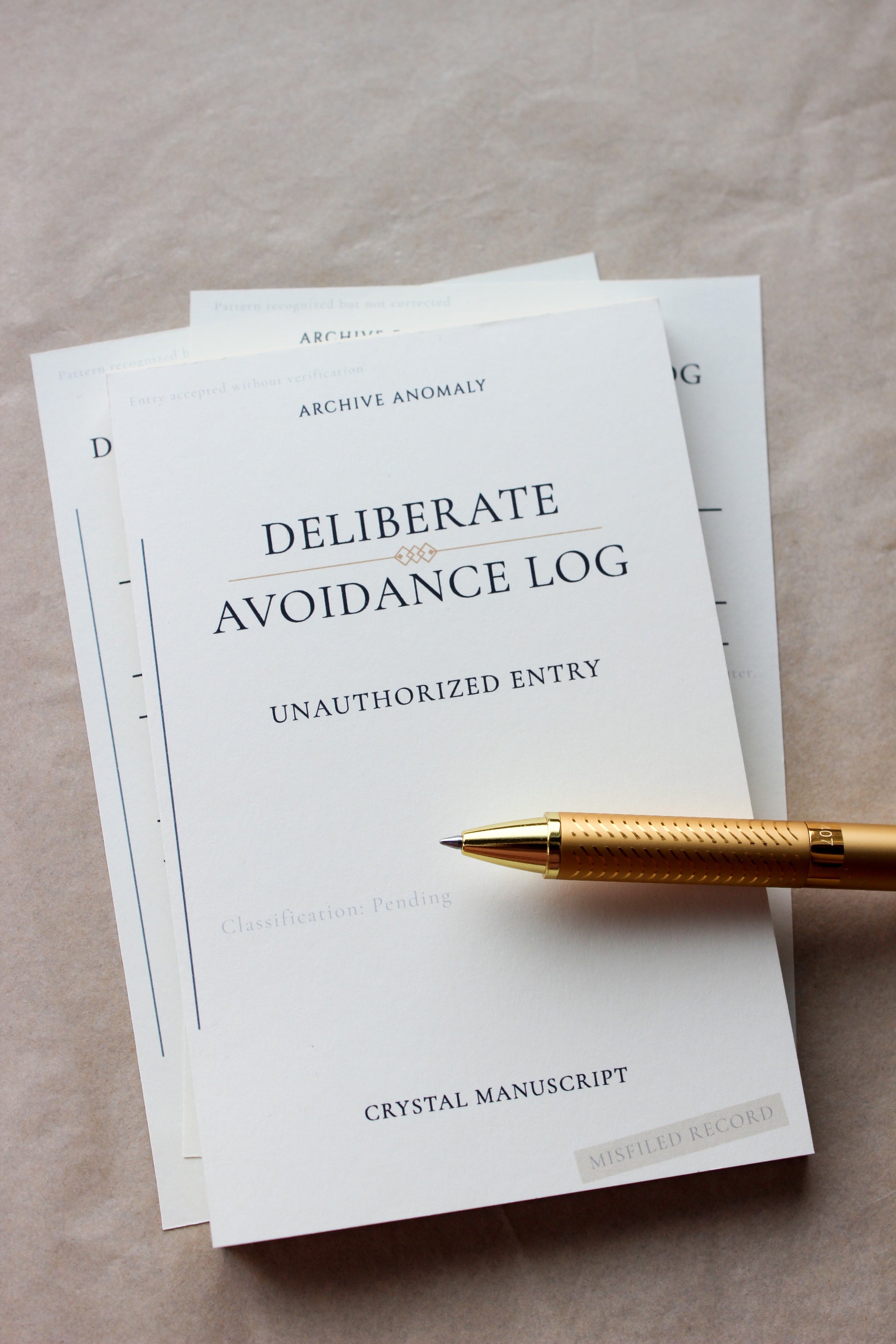 Deliberate Avoidance Log archive-inspired notepad by Crystal Manuscript