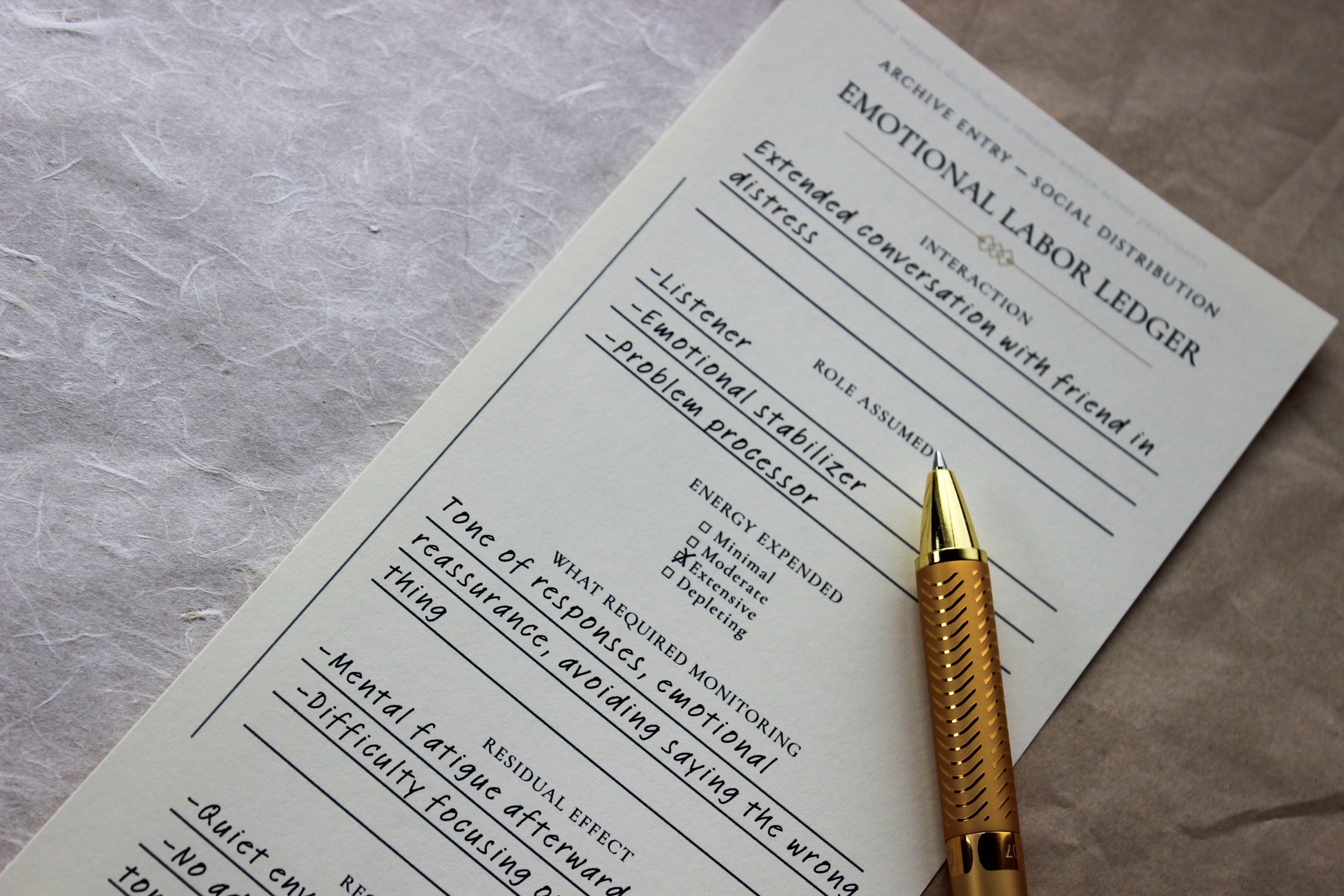 Emotional Labor Ledger Notepad archive-inspired notepad by Crystal Manuscript